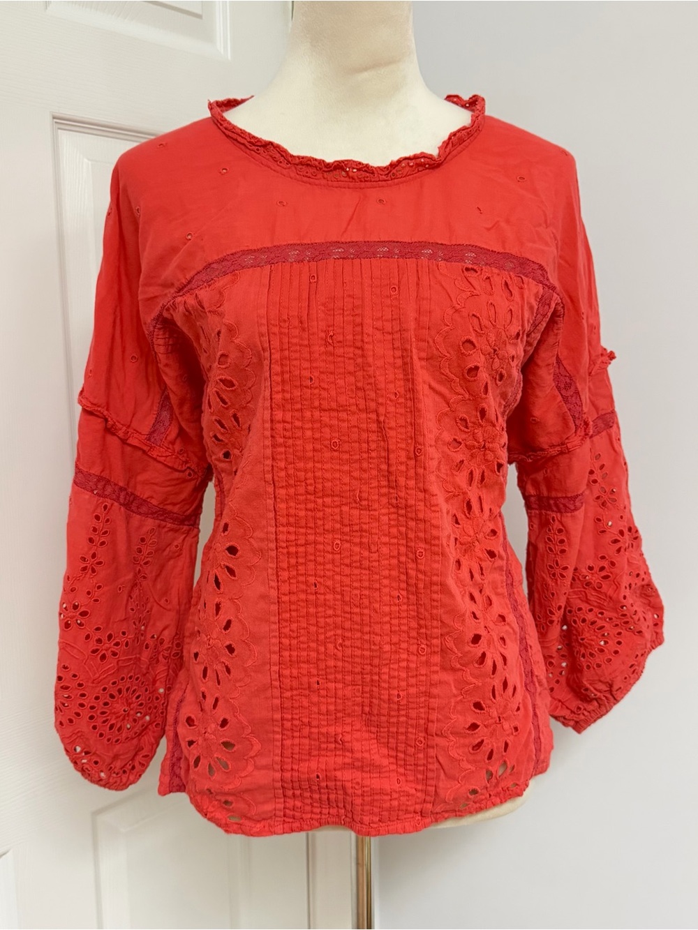 Red Eyelet Pintuck Peasant Blouse
